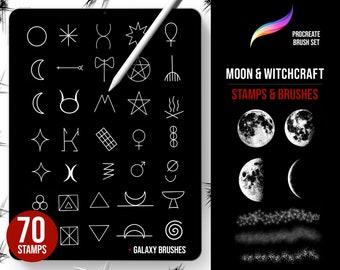 70 francobolli Procreate Witchcraft, Luna, Stelle, universo, magia, astronomia, tatuaggio, costellazioni, galassia, cristalli, cosmo