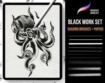Ensemble de pinceaux Procreate blackwork, blackwork, pinceaux pointillés, ombrage, art sombre, pinceaux numériques, papier, pinceaux de tatouage procreate
