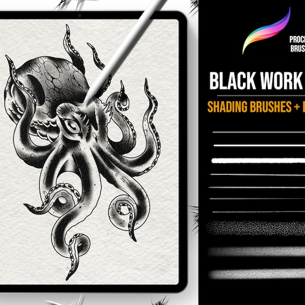 Procreate blackwork brush set collection, blackwork, stipple brushes, shading, dark art, digital brushes, paper, procreate tattoo brushes