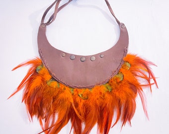 Feather necklace handmade leather and feather/ tribal/ shamanic/ ritual