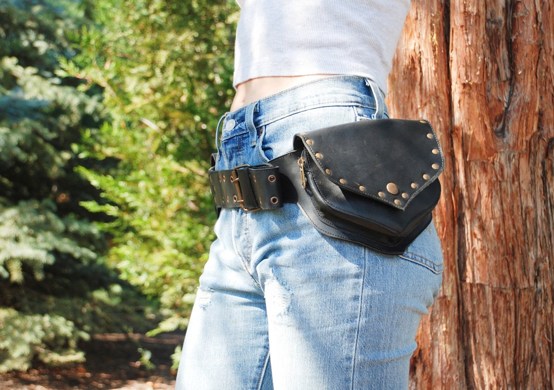 バッグ fringe double pocket leather belt Steampunk Belt Bag Black Leather Belt Bag Festival Hip Bag