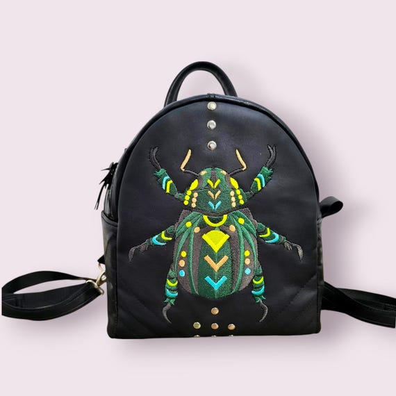 black leather embroidered backpack Leather embroidery backpack