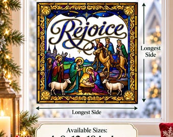Rejoice Nativity Window Cling, Christmas Stained Glass Decor, Religious Christmas Decoration, White or Clear