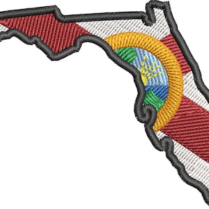 May include: Embroidered patch in the shape of Florida, featuring the state's flag and seal. The patch has a black border, with red, white, blue, green, and yellow colors. The design is detailed and suitable for various applications.