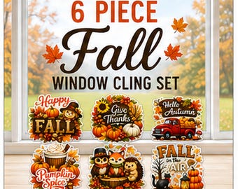 Fall Window Clings Set of 6, Autumn Window Decorations, Pumpkin Fall Decor, Clear or White Vinyl Clings, 6 Inch Reusable Window Decor