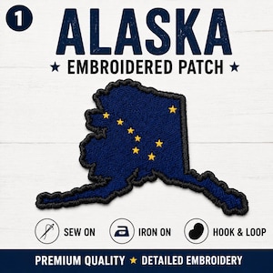 May include: An embroidered patch in the shape of Alaska, featuring a dark blue background with eight yellow stars arranged in the Big Dipper and North Star pattern. The text reads ALASKA EMBROIDERED PATCH, SEW ON, IRON ON, HOOK & LOOP, PREMIUM QUALITY.