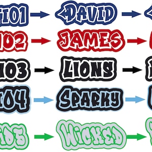 May include: Five rows of graffiti-style text with arrows pointing to the right. The first row reads "GRAFFITTIOI DAVID WOLVES", the second row reads "GRAFFITIO2 JAMES MARCO", the third row reads "GRAFFITIO3 LIONS RANDOM", the fourth row reads "GRAFFITIO4 SPARKY UNITED", and the fifth row reads "GRAFFITIO5 WICKED RECKLESS".