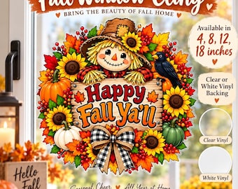 Fall Wreath Window Cling, Autumn Pumpkins, Leaves, Pinecones (Clear or White Vinyl)
