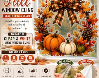 Fall Wreath Window Cling, Autumn Window Decor, Pumpkin Window Cling, Clear or White Vinyl, Fall Decorations