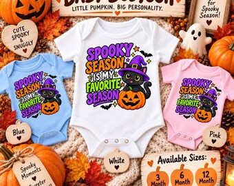 Spooky Season Baby Bodysuit, Witch Cat Pumpkin Halloween Outfit (3-12 Months)
