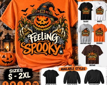 Feeling Spooky Halloween Shirt, Ghost Pumpkin, Autumn Floral Design (T-Shirt, Sweatshirt, Hoodie)