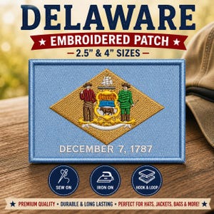 May include: A rectangular embroidered patch featuring the Delaware state flag with a light blue background, a central gold diamond, and the text DECEMBER 7, 1787. The patch displays two figures, a ship, and an ox, available in 2.5 inch and 4 inch sizes.