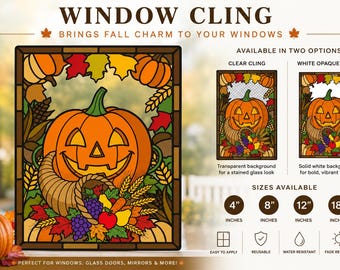 Stained Glass Pumpkin Window Cling, Autumn Harvest Jack-o'-lantern Decal (Clear or White Opaque)