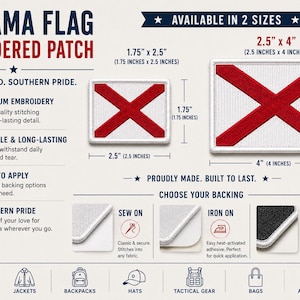 May include: Embroidered Alabama flag patch available in two sizes: 1.75 x 2.5 inches and 2.5 x 4 inches. Features a white background with a red 'X' design. Options include sew-on, iron-on, and hook & loop backings. Perfect for jackets, backpacks, and hats.