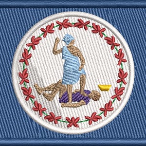 May include: Embroidered patch featuring the Belize coat of arms. The central design shows two figures, one standing and one lying down, with a yellow bowl. The emblem is surrounded by a wreath of red leaves, set against a white background and a blue border.