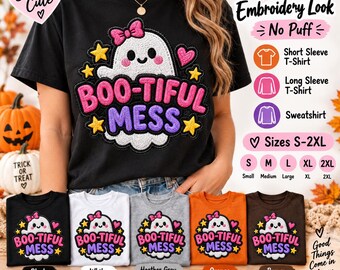 Boo-tiful Mess Ghost Pumpkin Shirt, Autumn Floral Halloween Tee (Faux Embroidery Look)