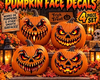 Halloween Pumpkin Face Sticker Set, No-Carve Jack O Lantern Decals (4 Designs)