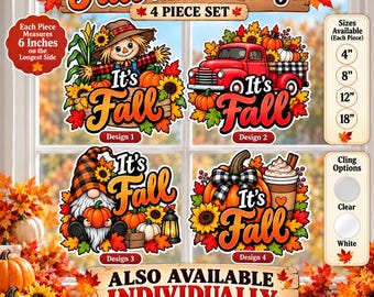 Fall Window Clings Set, Scarecrow Truck Gnome Pumpkin Latte, Reusable Static Cling (6 inches)