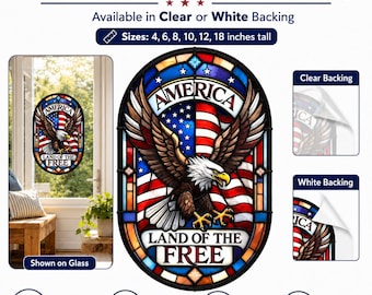 Stained Glass American Eagle Window Cling | Patriotic Bald Eagle Land of the Free Vinyl Decal | 4th of July Memorial Day USA America Home