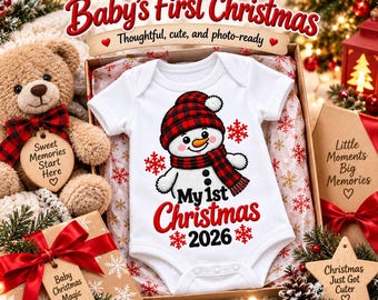 1st Christmas 2026 Baby Bodysuit, Snowman, Faux Embroidery Look (Infant Gift)