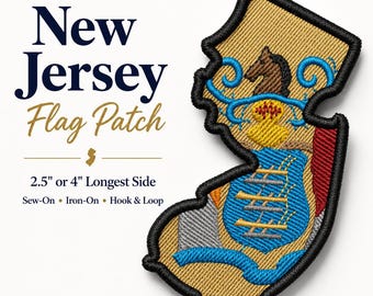 Embroidered New Jersey Flag Patch, State Shape, Sew-On, Iron-On, Hook & Loop (2.5 or 4 Inch)