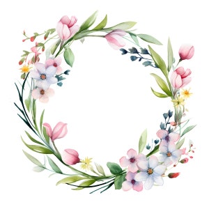 May include: A watercolor wreath with pink, white, and blue flowers. The wreath is made of green leaves and branches.