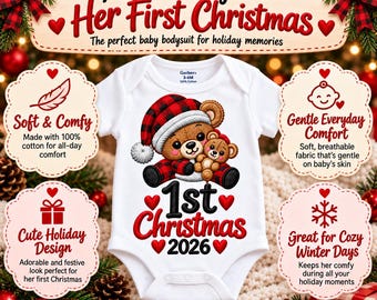 1st Christmas 2026 Baby Bodysuit, Teddy Bear Holiday Print, Faux Embroidery Look