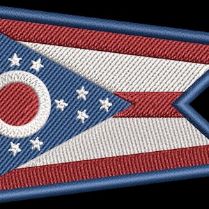 May include: Embroidered patch featuring the flag of Ohio. The design includes a blue triangle with white stars, a red circle with a white border, and red and white stripes. The patch has a blue border.