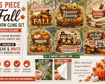 Fall Window Clings Set of 6, Autumn Window Decorations, Pumpkin Fall Decor, Clear or White Vinyl Clings, 6 Inch Reusable Window Decor