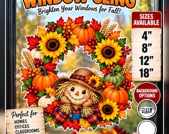 Fall Wreath Window Cling, Autumn Pumpkins, Leaves, Pinecones (Clear or White Vinyl)