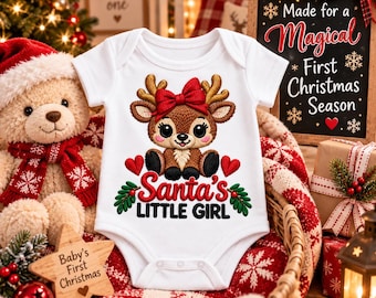 1st Christmas 2026 Baby Bodysuit, Reindeer Santa's Little Girl, Faux Embroidery Look (Infant Gift)