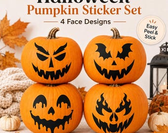 Halloween Pumpkin Face Sticker Set, No-Carve Jack O Lantern Decals (4 Designs)