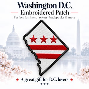 May include: An embroidered patch in the shape of Washington D.C. featuring a white background with three red stars above two horizontal red stripes, all outlined in black thread. The patch is displayed against a blurred background image.