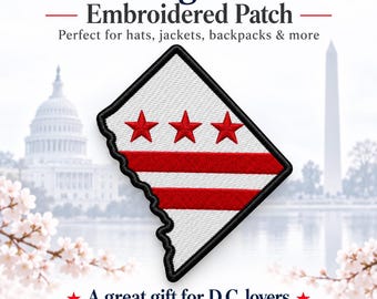 Embroidered Washington DC Flag Patch, D.C. Outline Shape, Iron-On Sew-On (2.5" or 4")