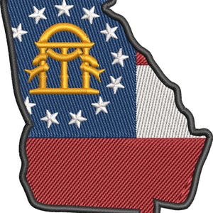 May include: Embroidered patch in the shape of the state of Georgia. The patch features the state flag design with a blue field, white stars, a gold emblem, and red and white stripes. The patch is outlined in black.