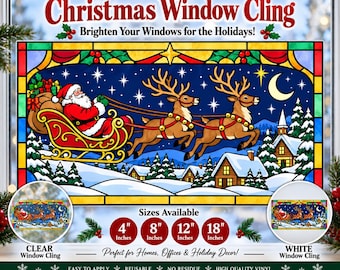 Stained Glass Style Santa Sleigh Reindeer Window Cling, Holiday Vinyl Decor (4-18 Inch)