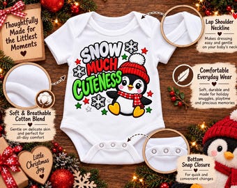 Snow Much Cuteness Penguin Christmas Bodysuit, Embroidery-look Holiday Outfit (3-12 Month)