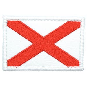 May include: White embroidered patch with a red cross, resembling the flag of Alabama.