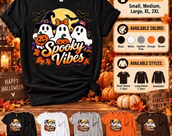 Spooky Vibes Ghost Pumpkin Shirt, Autumn Floral Halloween Tee