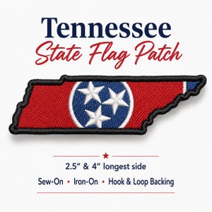 May include: An embroidered patch shaped like the state of Tennessee, featuring a red background with a blue circle containing three white stars. The text reads Tennessee State Flag Patch, 2.5" & 4" longest side, Sew-On, Iron-On, Hook & Loop Backing.