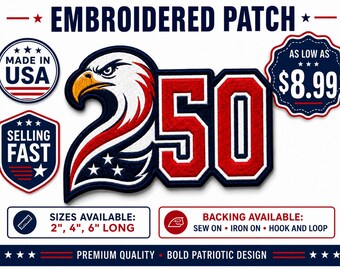 America 250 Eagle Embroidered Patch, Patriotic USA Anniversary Sew On (Iron On, Hook Loop)