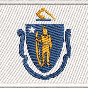 May include: Embroidered patch featuring the Massachusetts state seal. The seal includes a blue shield with a Native American figure, a star, and a banner. The patch is bordered by a white stitched frame.