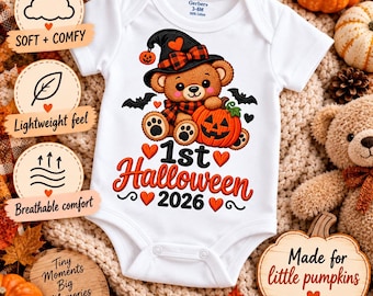 Baby 1st Halloween Bodysuit, Teddy Bear Pumpkin, Cotton Knit (3-12M)