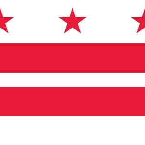 May include: The flag of Washington, D.C. features three red five-pointed stars on a white background, with three horizontal stripes of red and white.