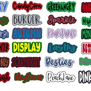 May include: A collection of colorful text-based designs, each with a unique name and style. The words are in various fonts and colors, including "Sunshine Paradise," "Creaky," "Candy Corn," and "Greenangry." The designs are suitable for stickers, logos, or other creative projects.