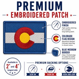 May include: A rectangular embroidered patch featuring the Colorado state flag design with blue, white, and red colors and a yellow circle. The patch has a blue merrow border and is available in 2-inch and 4-inch sizes. Backing options include sew-on, iron-on, and hook and loop.
