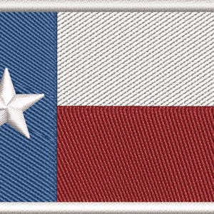 May include: Embroidered patch featuring the flag of Texas. The design includes a blue vertical stripe with a white star, a white horizontal stripe, and a red horizontal stripe. The patch has a white border.