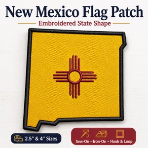 May include: An embroidered patch in the shape of the state of New Mexico, featuring a yellow background with a red Zia sun symbol in the center and a black border. The text New Mexico Flag Patch Embroidered State Shape and 2.5" & 4" Sizes appear.