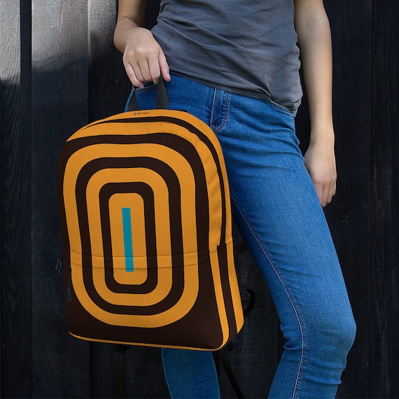Blue and Orange Geometric Backpack Modern Orange Backpack with Geometric Square Pattern Against  main image 3