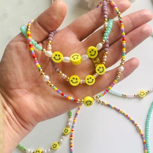 Smiley Face Necklace, happy face pearl choker, rainbow beaded necklace, emoji necklace, colored happy face necklace, trendy necklace